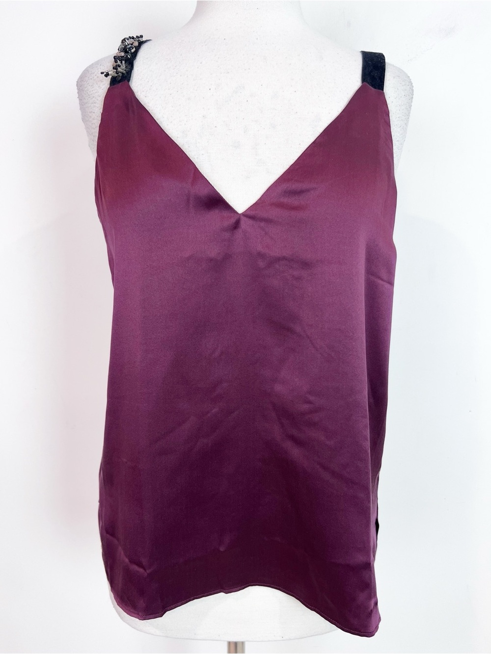 CAMI NYC PURPLE SILKY CAMI TOP VELVET STRAPS BEADING RHINESTONES SZ MEDIUM